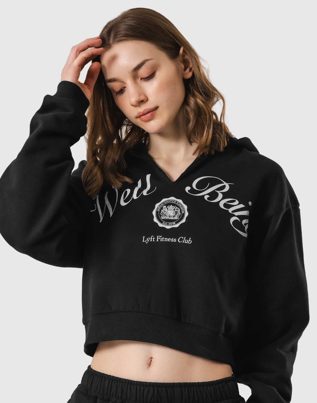 Front-Cut Cropped Hoodie - Black