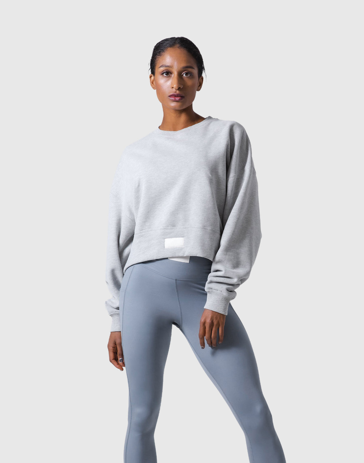 Woven Label Cropped Crewneck Sweat - Grey