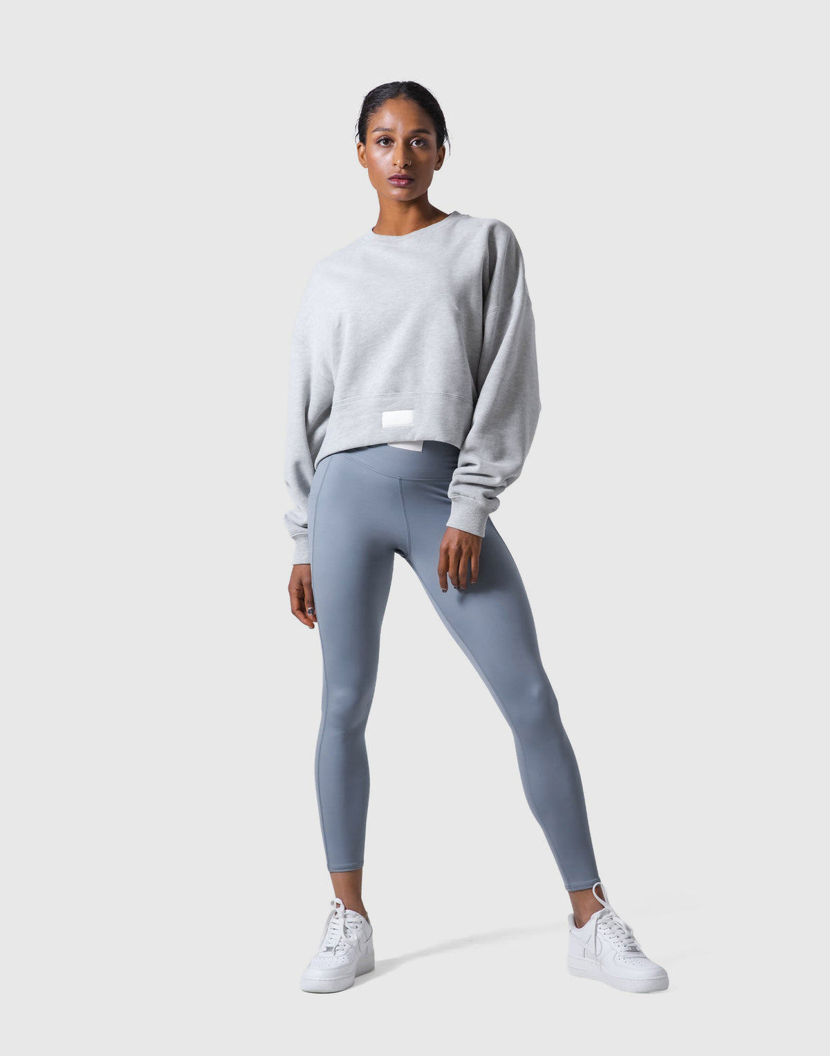 Woven Label Cropped Crewneck Sweat - Grey