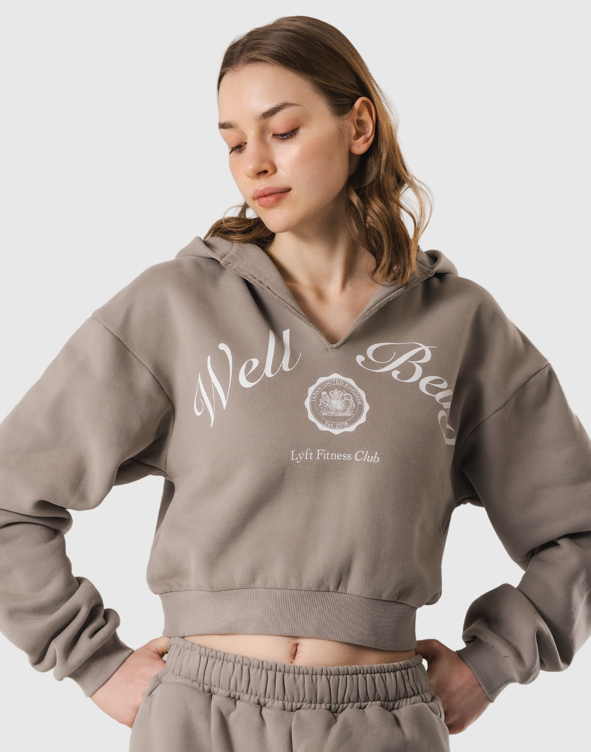 Front-Cut Cropped Hoodie - Beige