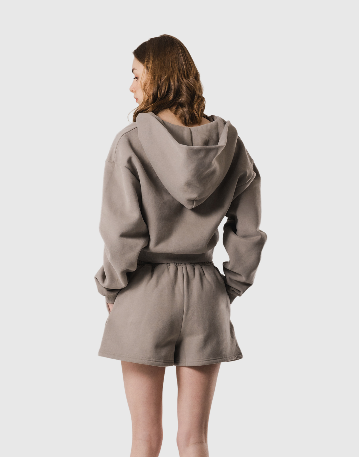 Front-Cut Cropped Hoodie - Beige
