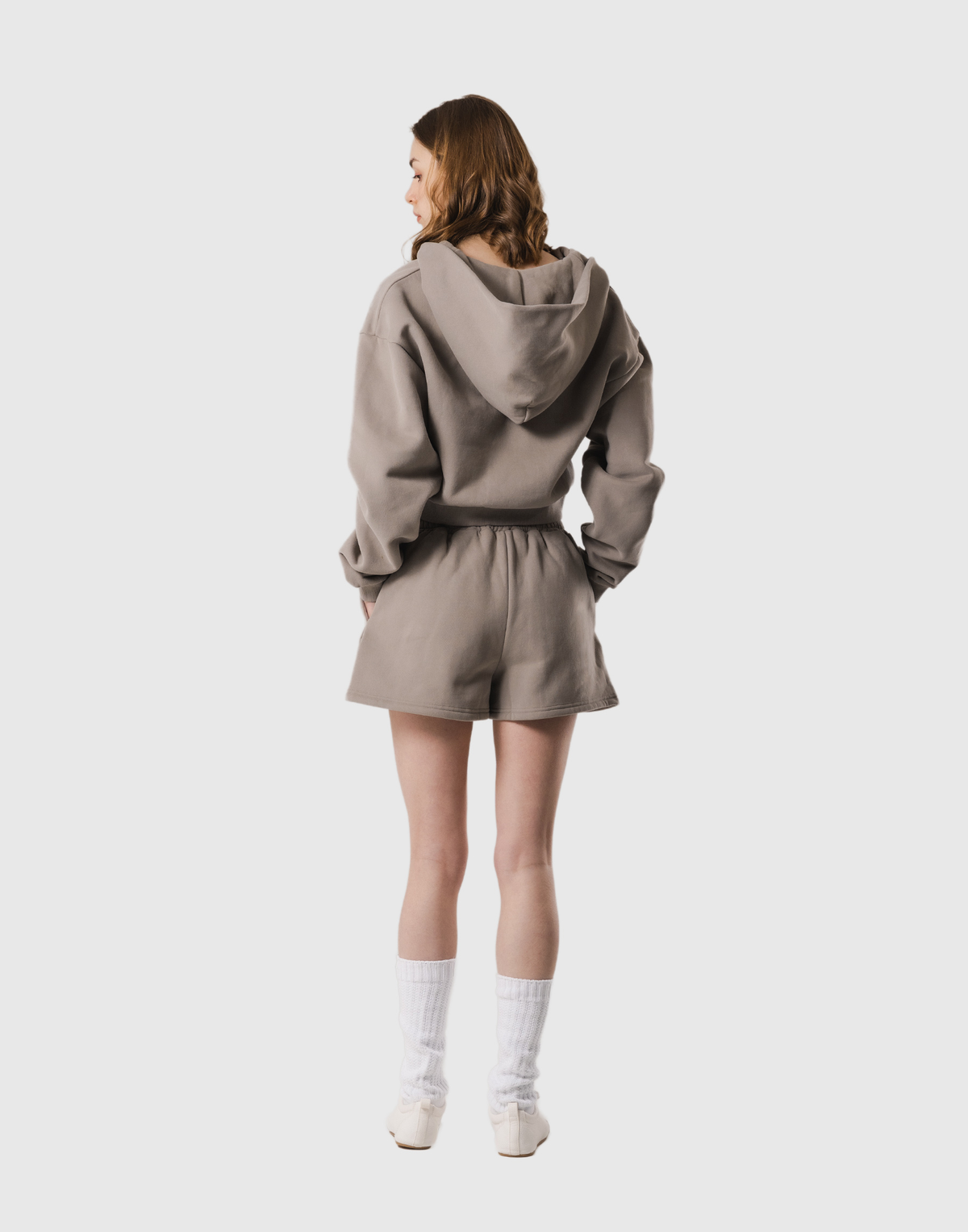Front-Cut Cropped Hoodie - Beige