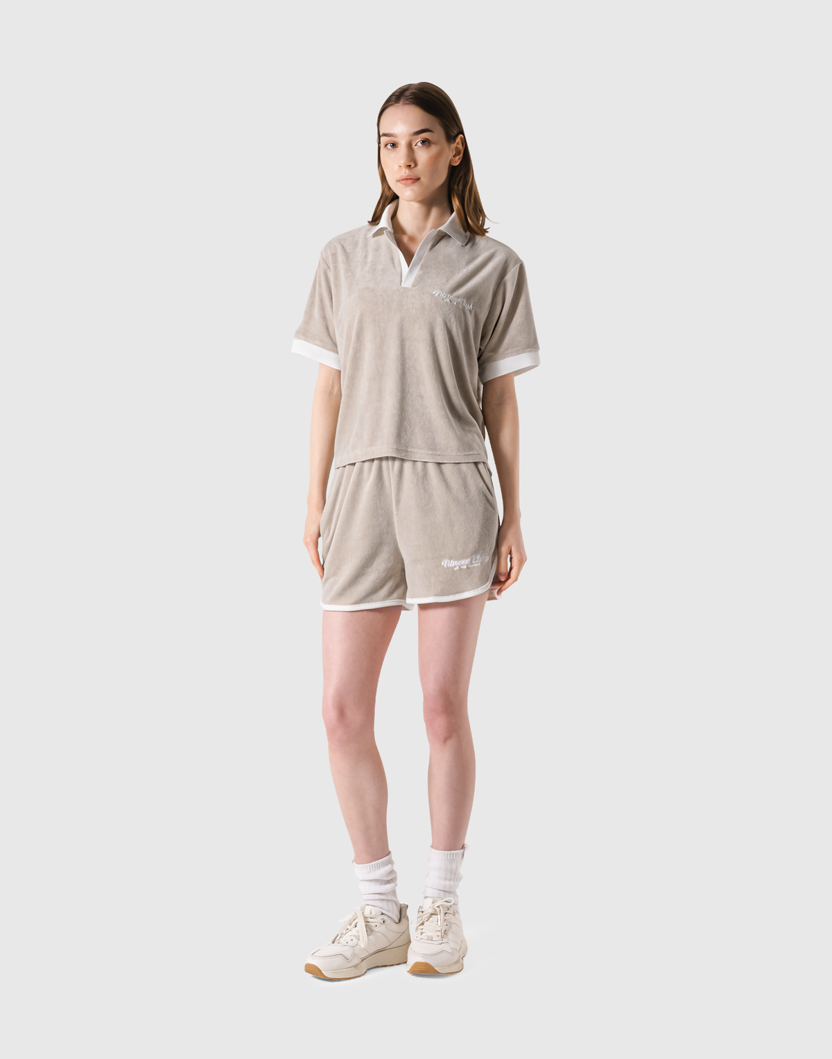 Bicolor Split Neck Pile T-Shirt - Beige