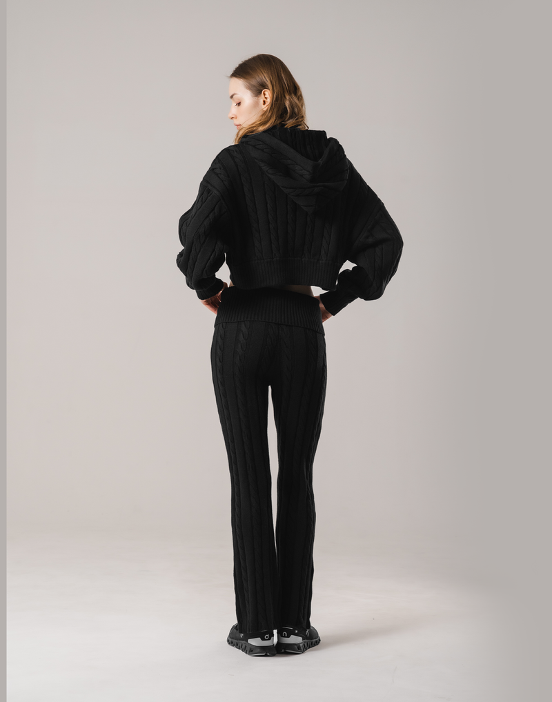 Cropped Cable Knit Hoodie - Black – LÝFT