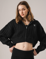 Cropped Cable Knit Hoodie - Black