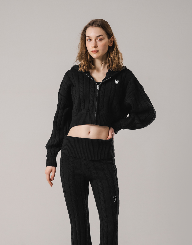 Cropped Cable Knit Hoodie - Black – LÝFT