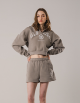 Front-Cut Cropped Hoodie - Beige