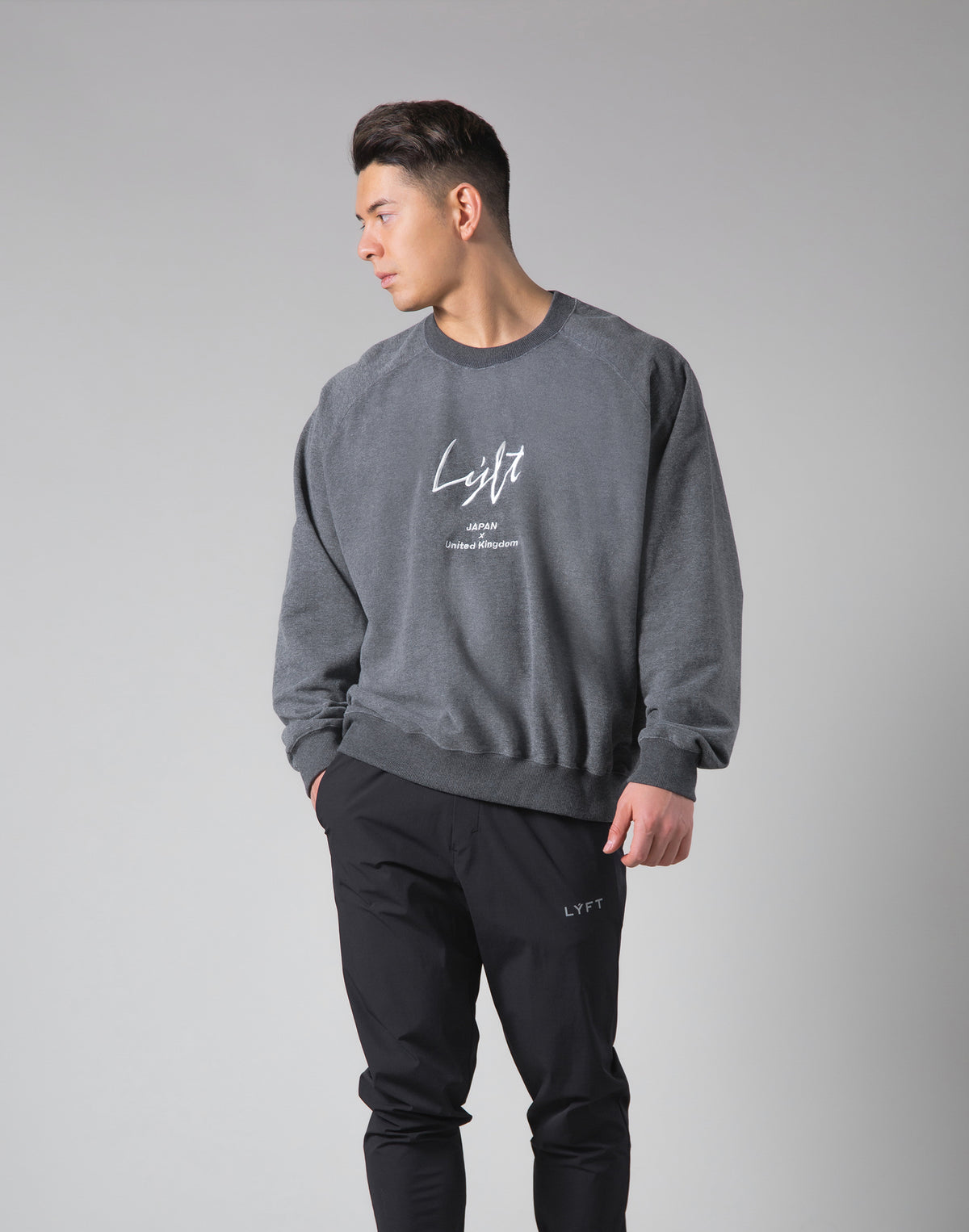 Script Logo 2Way Stretch Oversize Crewneck - Dark Grey