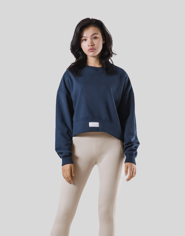 Woven Label Cropped Crewneck Sweat - Navy