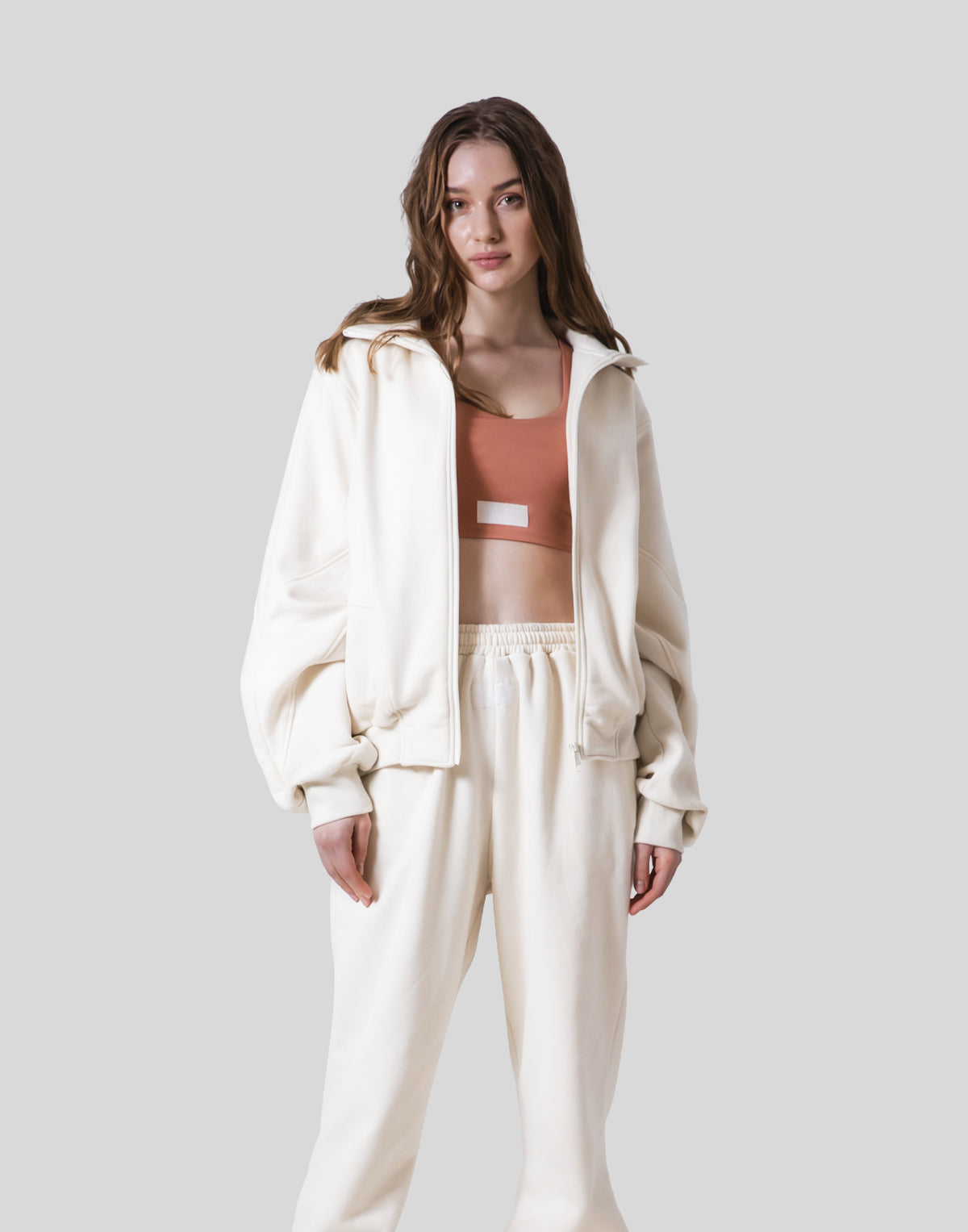 Loose Fit Zip Up Sweat Jacket - Ivory
