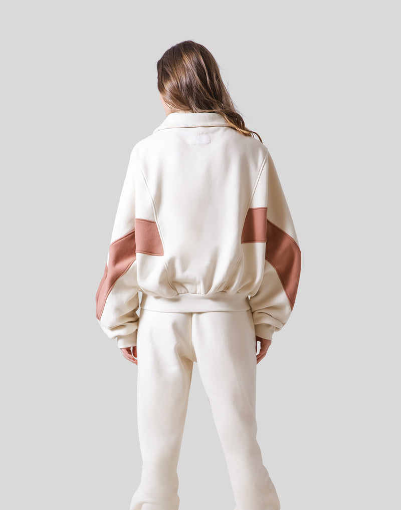Loose Fit Zip Up Sweat Jacket - Ivory / Coral