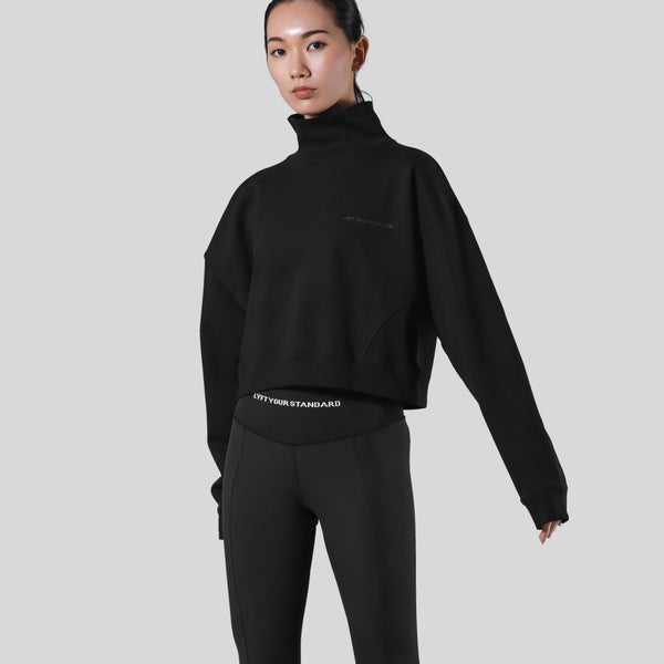 High Neck Cropped Sweat Shirt - Black