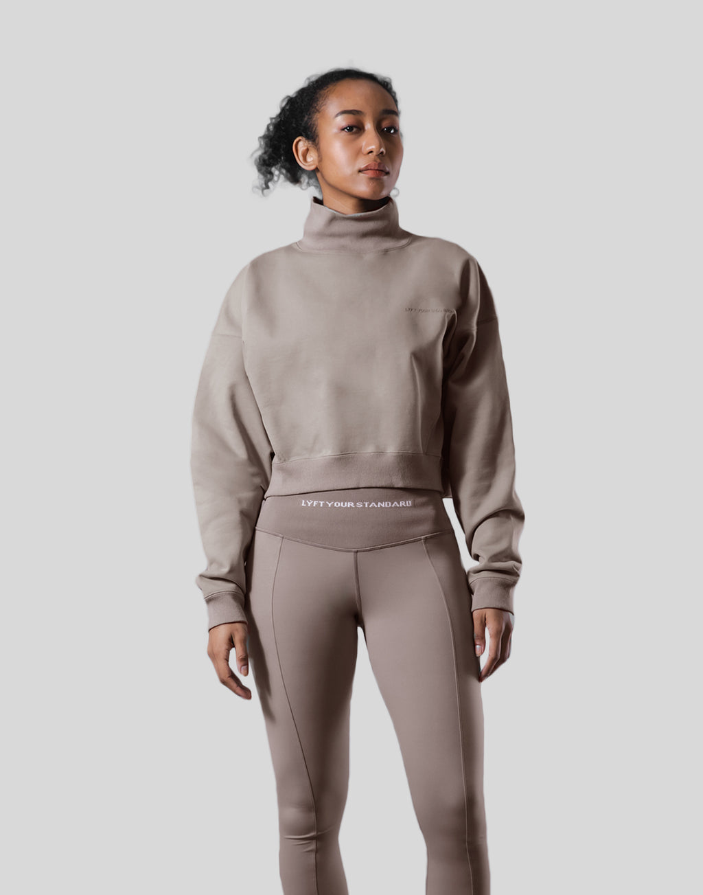 High Neck Cropped Sweat Shirt - Light Brown