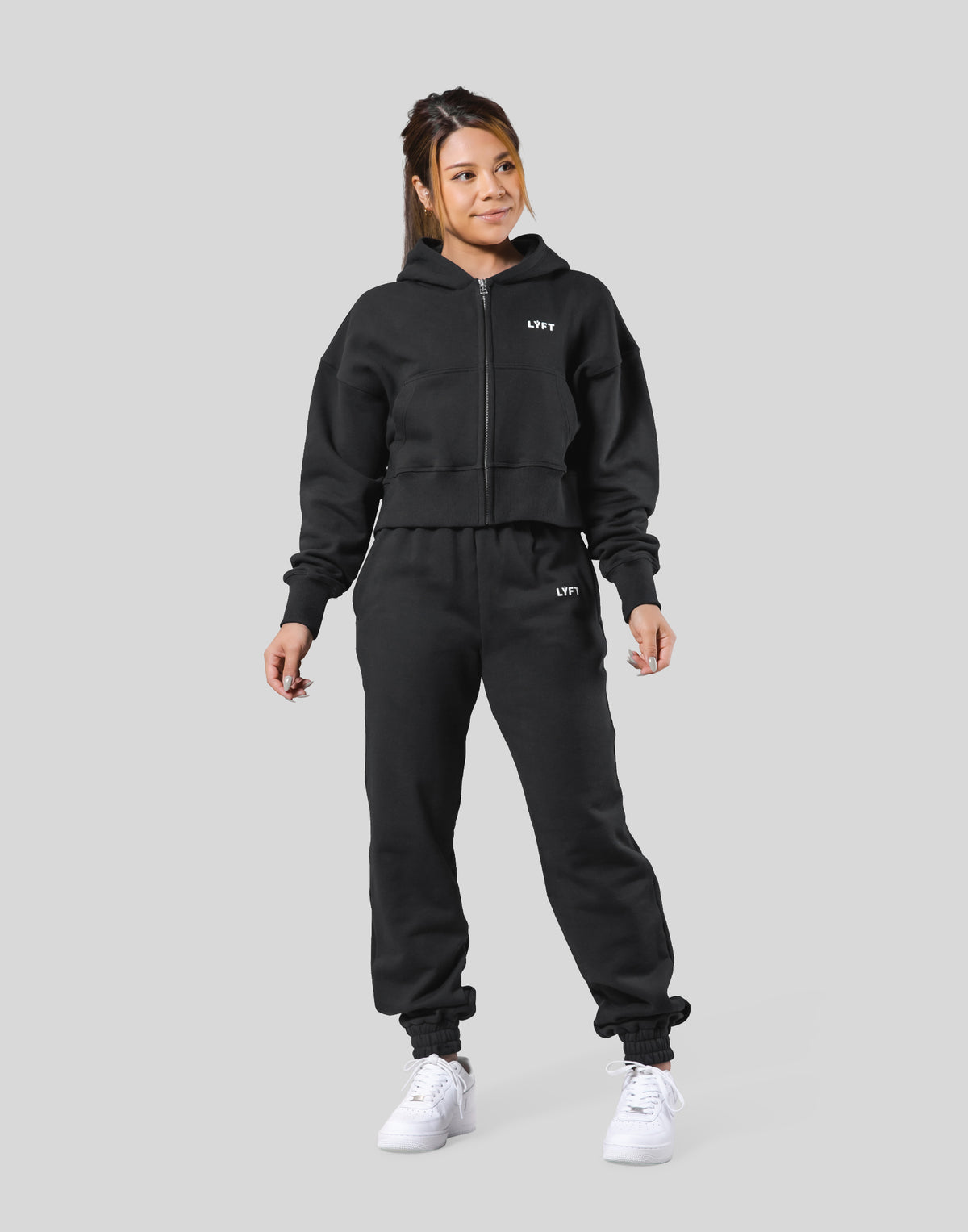 Zip-Up Cropped Light Sweat Hoodie - Black