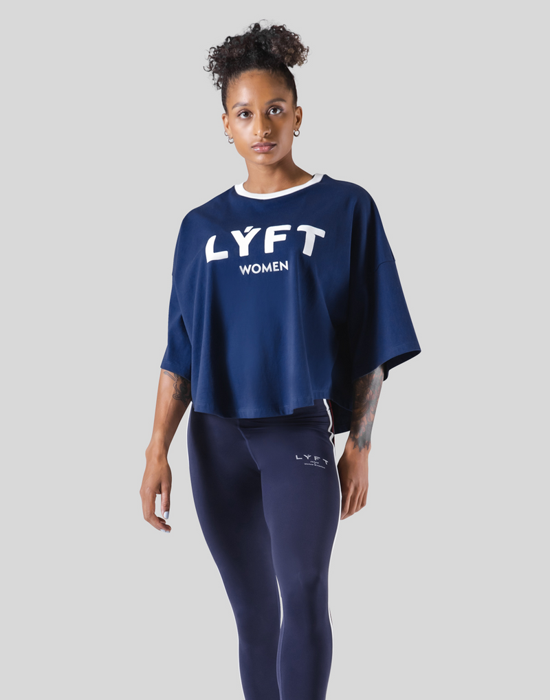 LÝFT Club Wide Cropped T-Shirt - Navy