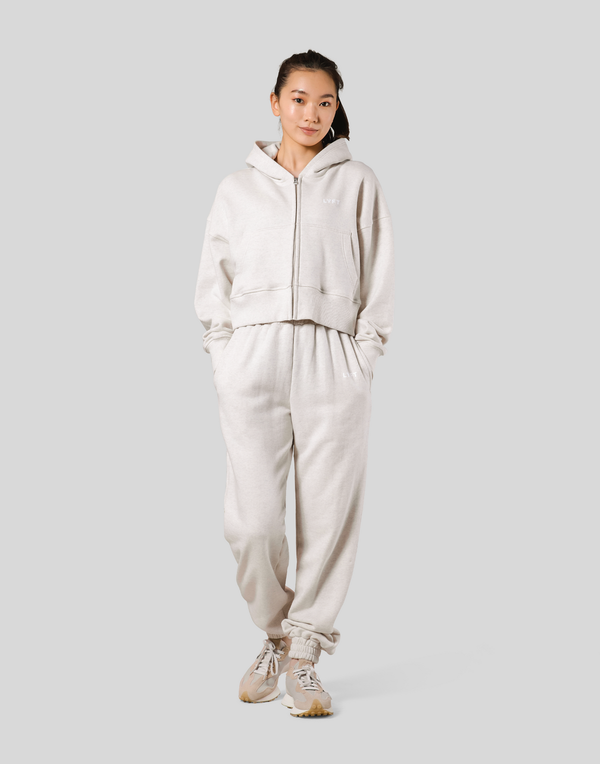 Zip-Up Cropped Light Sweat Hoodie - Ivory