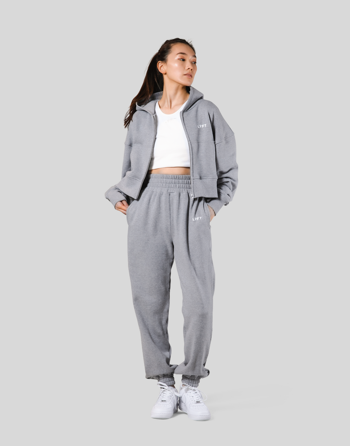 Zip-Up Cropped Light Sweat Hoodie - Grey